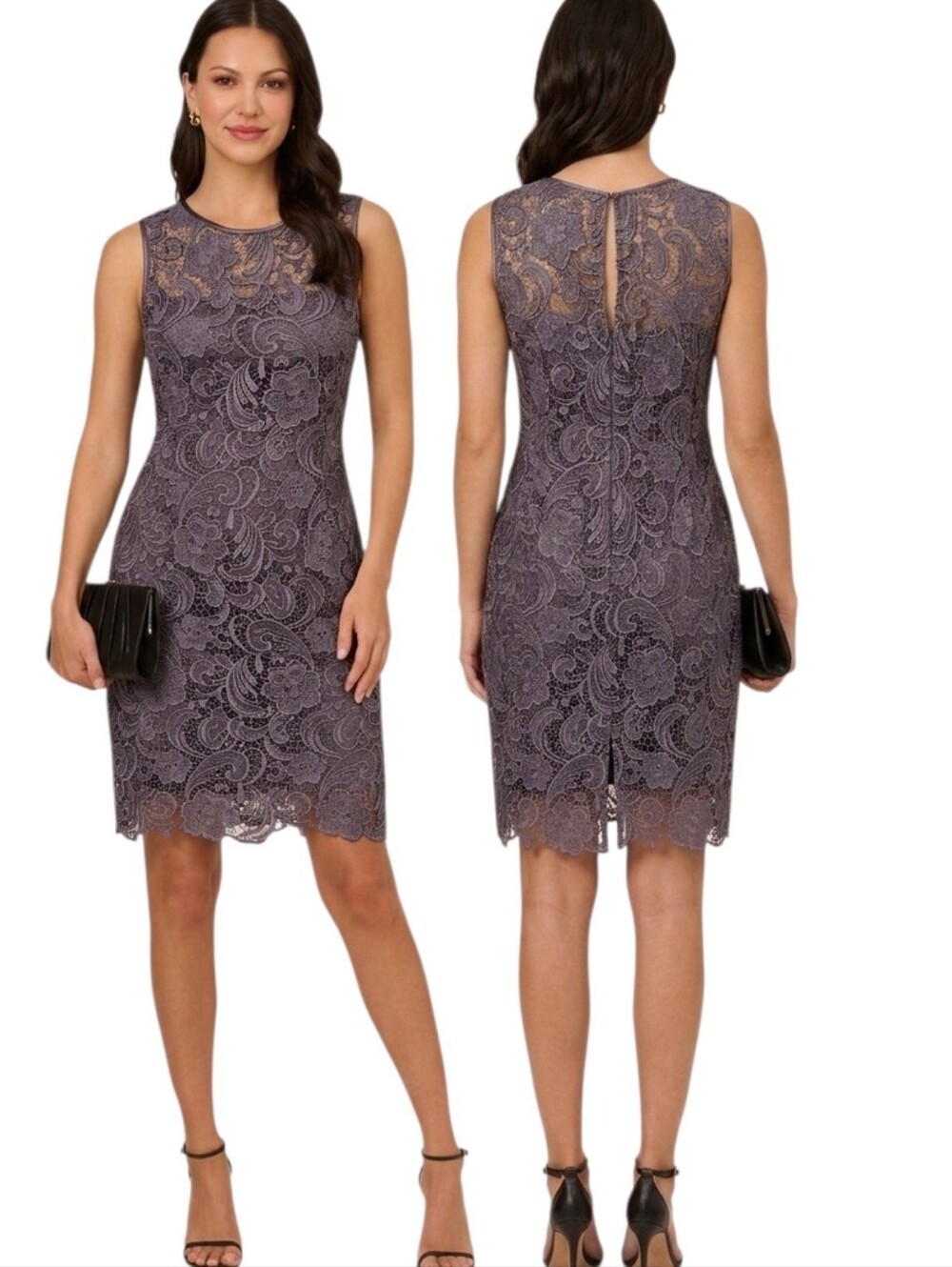 ADRIANNA PAPELL Grey Corded Lace Sleeveless Sheath Dress - Size 14